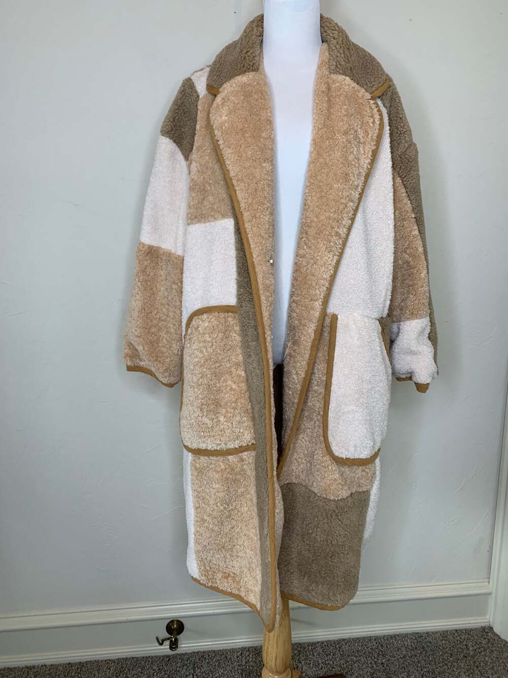 Anthropologie Pilcro Faux Fur Long Patchwork Coat Jacket Sz Small Neutral